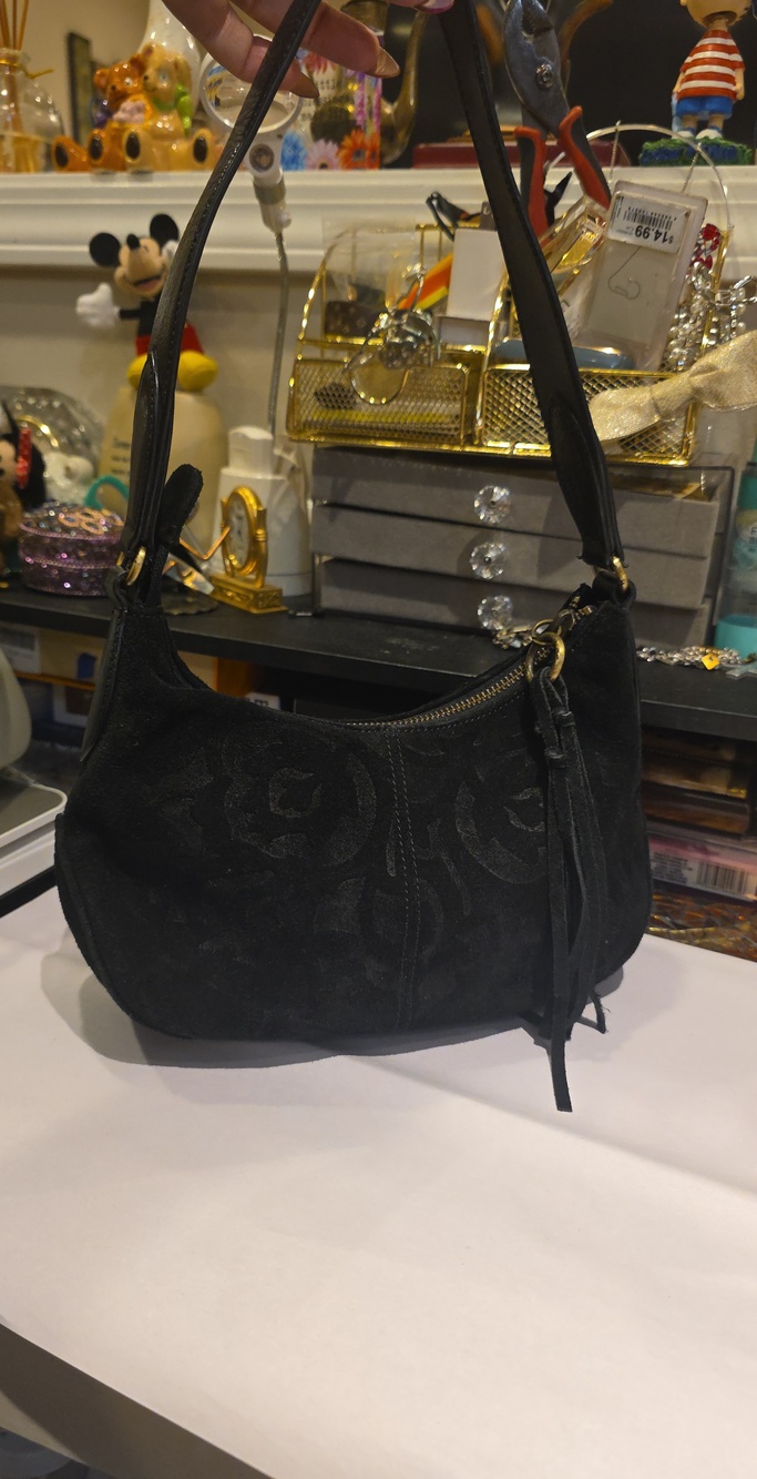 Franco Sarto Black Suede Shoulder Bag with Subtle Pattern